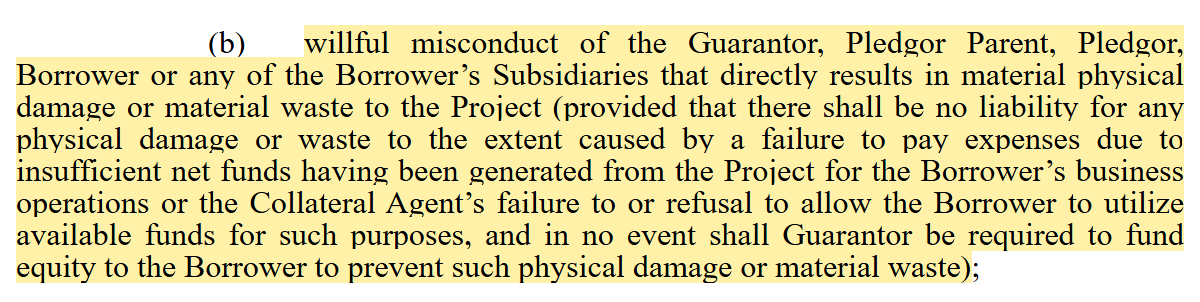 DDTL 4.0 limited guarantee: liability for willful misconduct causing physical damage, and in no event must the guarantor fund equity to the borrower.