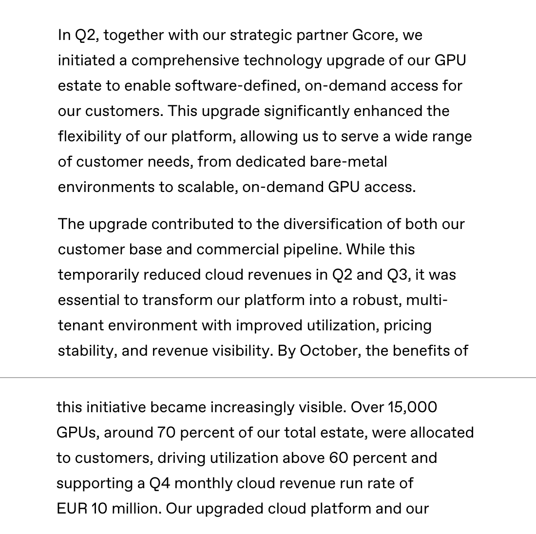 Passage from the Northern Data 2025 annual report: the Q2 upgrade to on-demand access, lower Q2 and Q3 cloud revenue, and over 15,000 GPUs allocated by Q4 at utilization above 60 percent.